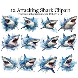 12 Watercolor Shark Digital Clipart, Attacking Shark Sublimation PNG, Shark Printable Wall art, Digital Download file