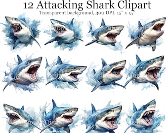 12 Watercolor Shark Digital Clipart, Attacking Shark Sublimation PNG, Shark Printable Wall art, Digital Download file