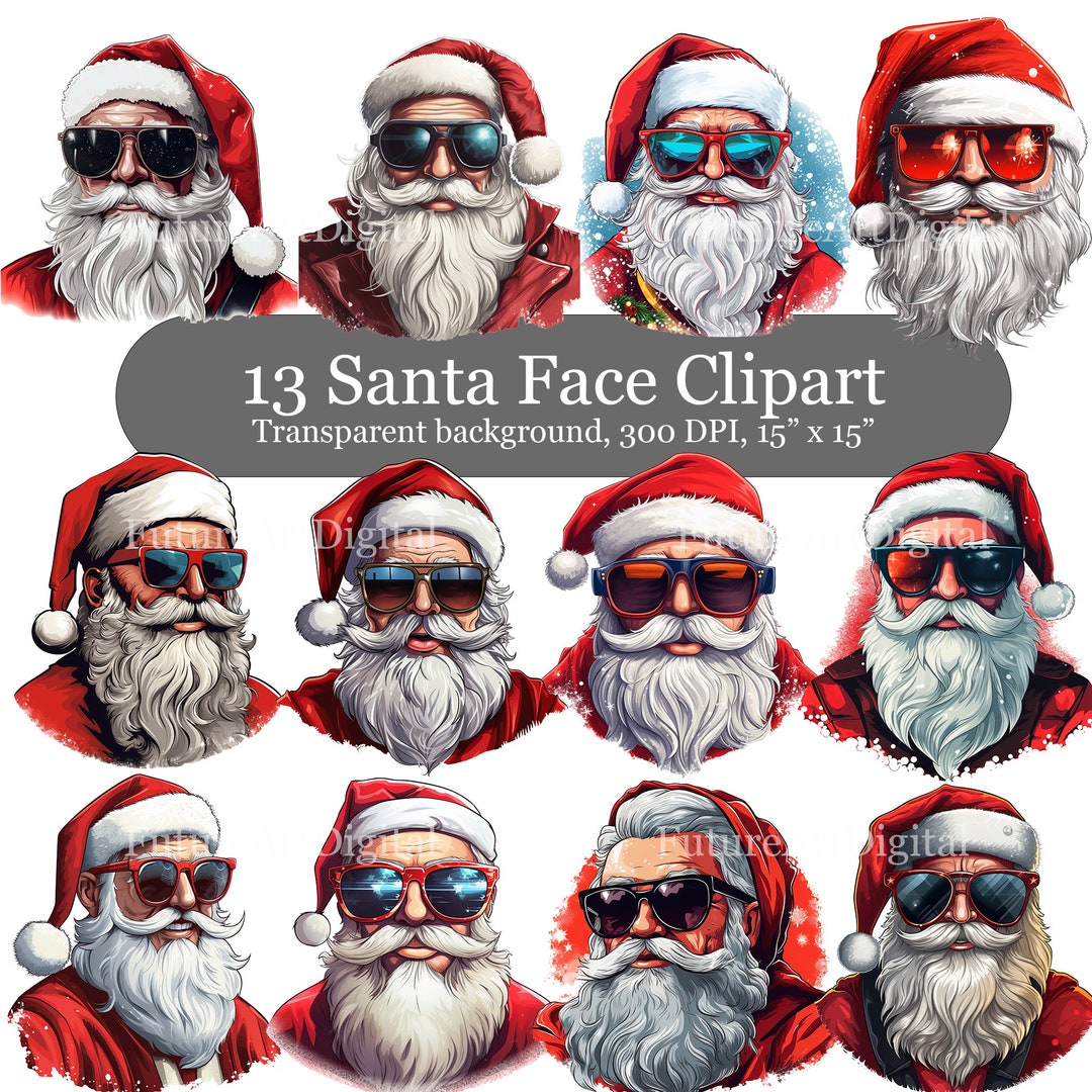 Santa Spectacles 13 Santa Face Digital Clipart, Santa Wearing Sunglasses Sublimation PNG ...