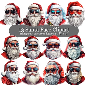 13 Santa Face Digital Clipart, Santa portant des lunettes de soleil Sublimation PNG, Funny Santa Claus Printable Wall art