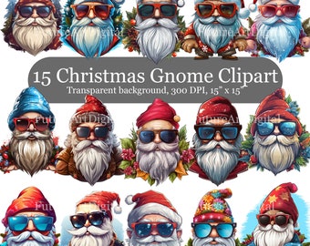 May include: Set of 15 digital clipart images featuring Christmas gnomes wearing sunglasses. The gnomes are depicted in various poses and expressions, with red and white hats, white beards, and colorful clothing. The background is transparent.