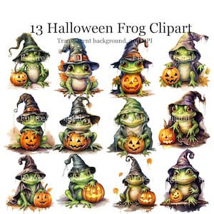13 Watercolor Halloween Frog Digital Clipart, Cute Frog with Pumpkin Sublimation PNG, Frog Printable Wall art