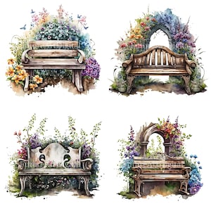 Watercolor Garden Bench Sublimation PNG, Garden Bench Digital Clipart, Garden Bench Printable Wall art