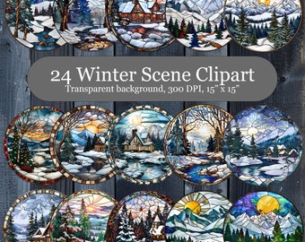 24 Stained Glass Winter Clipart, Snow Stained Glass Bundle, Winter Scene Sublimation Design, Round Stained Glass Winter PNG