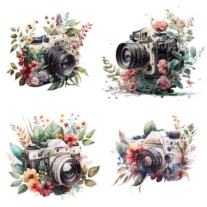 Aquarell Kamera mit Blumen digitale Clipart, Kamera Sublimation PNG, Kamera mit Blumen druckbare Wandkunst