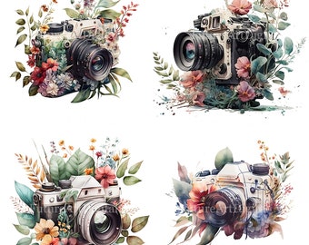 May include: Four vintage cameras with floral arrangements. Each camera is white with black accents and surrounded by colorful flowers, leaves, and greenery.