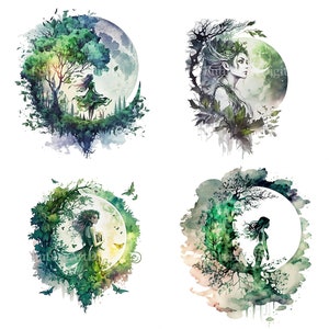 Watercolor Fairy with Forest Digital Clipart, Fairy with Forest Sublimation PNG, Fairy Printable Wall art