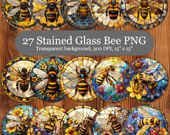 Stained Glass Bee Bundle, Round Stained Glass Bee Sun Catcher PNG, Wind Spinner Sublimation design, Bee Hive Coaster Sublimation PNG