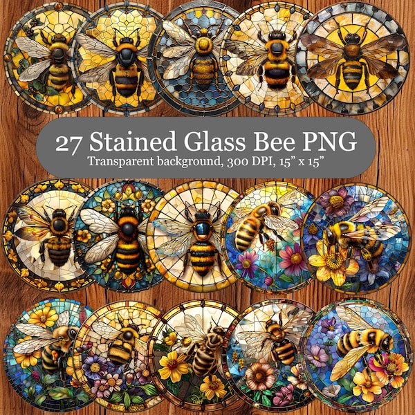 Stained Glass Bee Bundle, Round Stained Glass Bee Sun Catcher PNG, Wind Spinner Sublimation design, Bee Hive Coaster Sublimation PNG