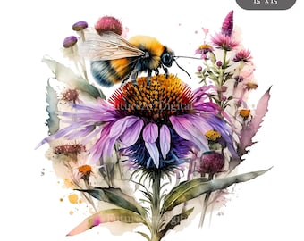 Watercolor Bee with Flowers PNG, Bee Digital Clipart, Bee Sublimation PNG, Wall Decor Digital Download