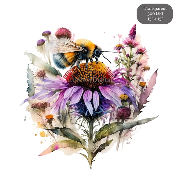 Watercolor Bee with Flowers PNG, Bee Digital Clipart, Bee Sublimation PNG, Wall Decor Digital Download