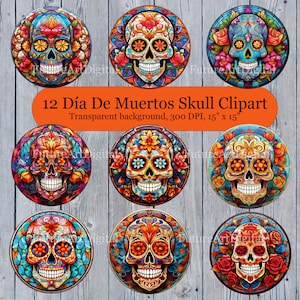 12 Stained Glass Día De Los Muertos PNG, Day of the Dear Skull Sublimation Clipart, Día De Muertos Skull Printable Wall art