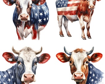 Watercolor Patriotic Cow Digital Clipart, Cow with American Flag Sublimation PNG, American Flag Cow Printable Wall art