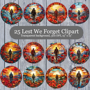 25 vitrais para que não esqueçamos clipart digital, soldado com papoulas sublimação PNG, arte de parede para impressão do Dia da Memória