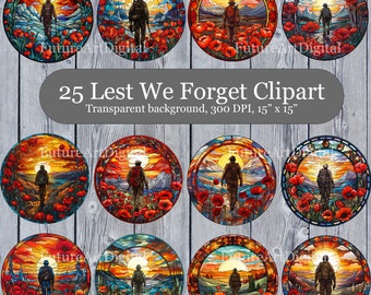 25 Stained Glass Lest We Forget Digital Clipart, Soldier with Poppies Sublimation PNG, Remembrance Day Printable Wall art