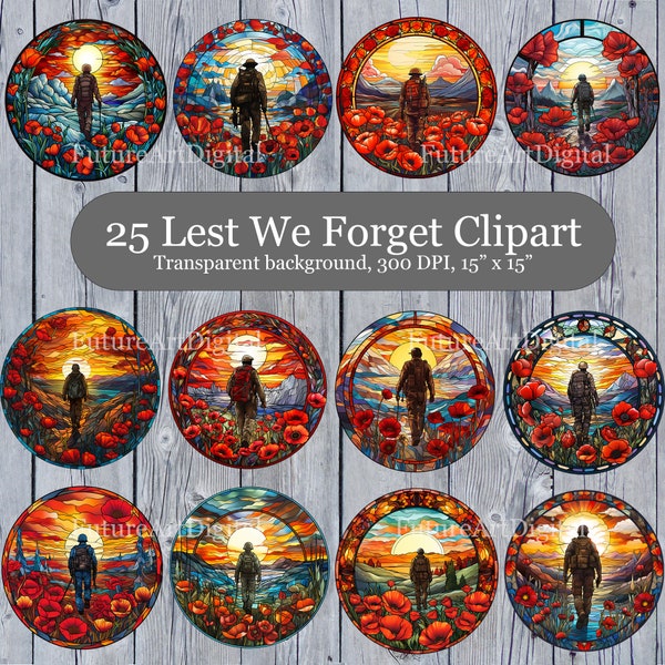 25 Stained Glass Lest We Forget Digital Clipart, Soldier with Poppies Sublimation PNG, Remembrance Day Printable Wall art
