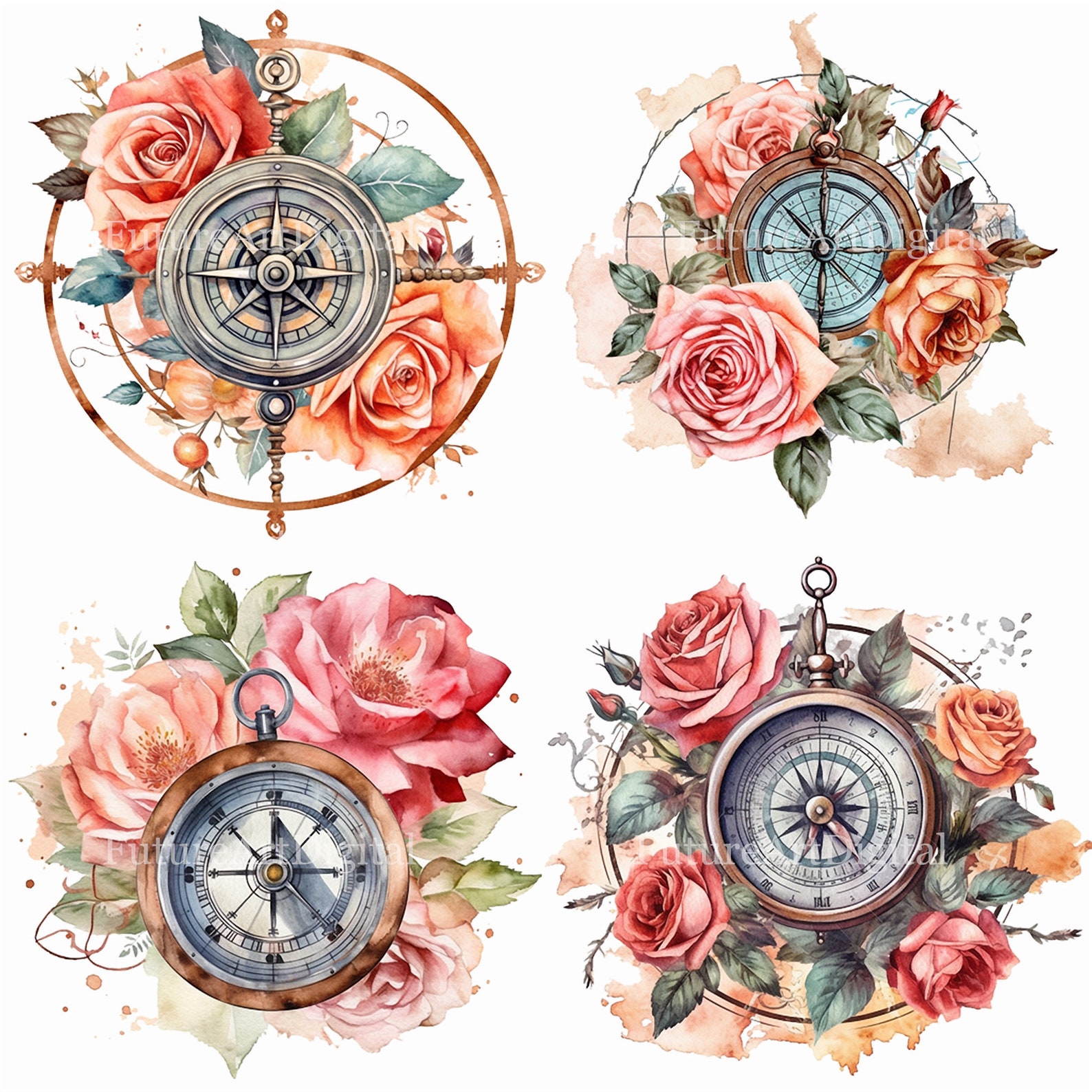 Watercolor Compass With Roses Sublimation PNG, Compass Digital Clipart ...