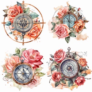 Aquarel Kompas met Rozen Sublimatie PNG, Kompas Digitale Clipart, Kompas met Rozen Afdrukbare Muurkunst