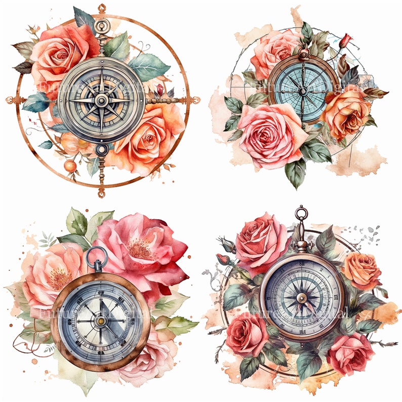 Watercolor Compass With Roses Sublimation PNG, Compass Digital Clipart ...
