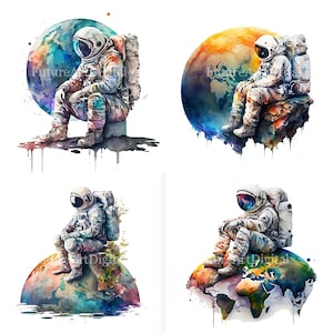 Arte de pared imprimible de astronauta en acuarela, imágenes prediseñadas digitales de astronauta, PNG de astronauta, decoración de pared de descarga digital