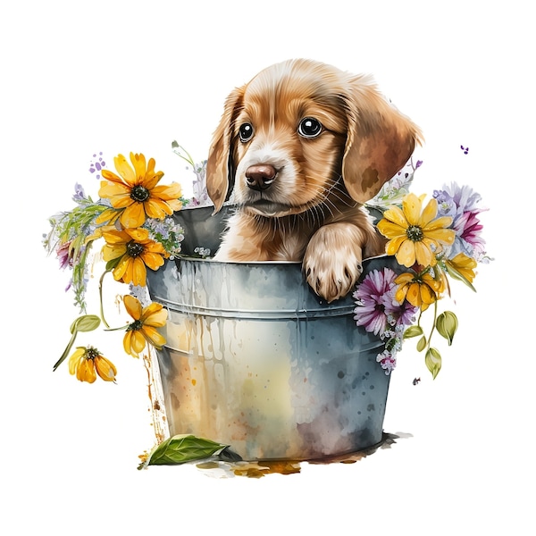Watercolor Puppy in a Bucket PNG, Puppy in a Bucket Digital Clipart, Puppy Nursery Room Decor, Puppy Printable Wall art