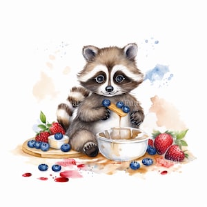 Aquarelle de cuisson bébé raton laveur des cliparts numérique, sublimation PNG de cuisson raton laveur, raton laveur bébé art mural imprimable cuisson