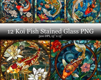 12 Koi Fish Stained Glass Tumble Wrap, Stained Glass Koi Fish Sublimation Clipart, Koi Fish Printable Wall art, Commercial Use