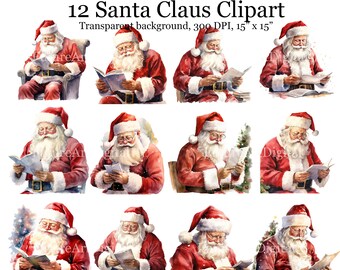 12 Imágenes prediseñadas digitales de Papá Noel en acuarela, Sublimación de Papá Noel PNG, Decoración de pared imprimible de Navidad, Arte de pared de guardería de Papá Noel
