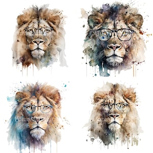 Leão aquarela usando óculos sublimação PNG, leão com óculos clipart digital, arte de parede para impressão de cabeça de leão
