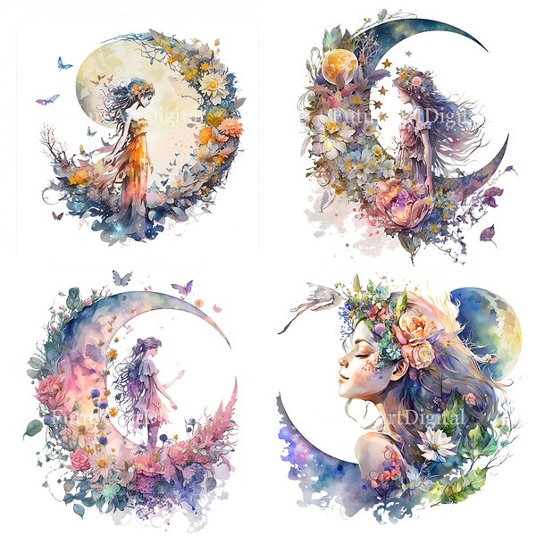 Watercolor Fairy with Flowers and the Moon Digital Clipart, Flower Fairy Sublimation PNG, Fairy with Flowers Printable Nursery Room art