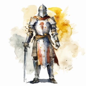 Watercolor Medieval Knight Sublimation PNG, Knight Digital Clipart, Medieval Knight Printable Wall art