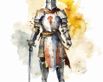 Akvarell medeltida riddare sublimering PNG, riddare digital clipart, medeltida riddare utskrivbar väggkonst