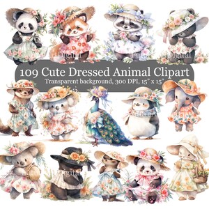 Gran paquete de lindos animales vestidos imágenes prediseñadas digitales, animales bebés de acuarela en un arte de sublimación de vestido de flores, animales lindos con flores PNG