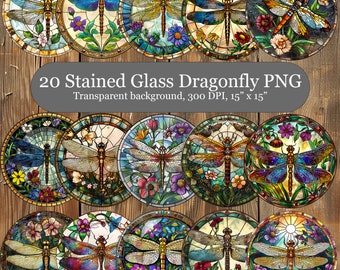 Dragonfly Stained Glass PNG Bundle, 20 Majestic Dragonfly Digital Clipart, Dragonfly Suncatcher Sublimation, Coaster Sublimation PNG