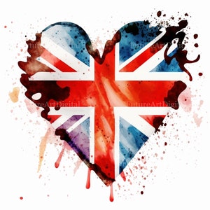 Acuarela forma de corazón bandera del Reino Unido imágenes prediseñadas digitales, sublimación de la bandera de Inglaterra PNG, arte de pared imprimible de la bandera de Gran Bretaña