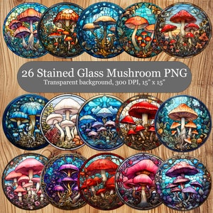 Puede incluir: Una colección de 26 diseños de setas de vidrieras en una variedad de colores, incluyendo rojo, naranja, azul y rosa. Cada diseño es circular y presenta detalles intrincados. Se muestra el texto "26 Stained Glass Mushroom PNG".