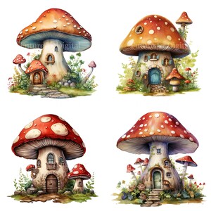 Set of 8 Watercolor Mushroom House Digital Clipart, Mushroom Fairy ...