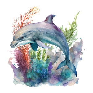 Aquarelle dauphin sublimation PNG, art mural imprimable dauphin, dauphin des cliparts numérique, téléchargement numérique