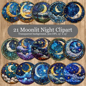 Himmlisches Buntglas-Clipart-Set, Mond- und Stern-Untersetzer-Bundle, druckbare Wandkunst, skurrile Mond- und Stern-Clipart, Untersetzer-PNG-Bundle