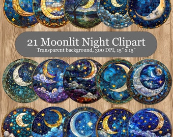 Celestial Stained Glass Clipart Set, Moon and Star Coasters Bundle, Printable Wall Art, Whimsical Moon and Star Clipart, Coaster PNG Bundle