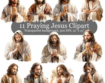 11 Watercolor Praying Jesus Sublimation PNG, Jesus Christ Praying Digital Clipart, Christian Bundle Printable Wall art