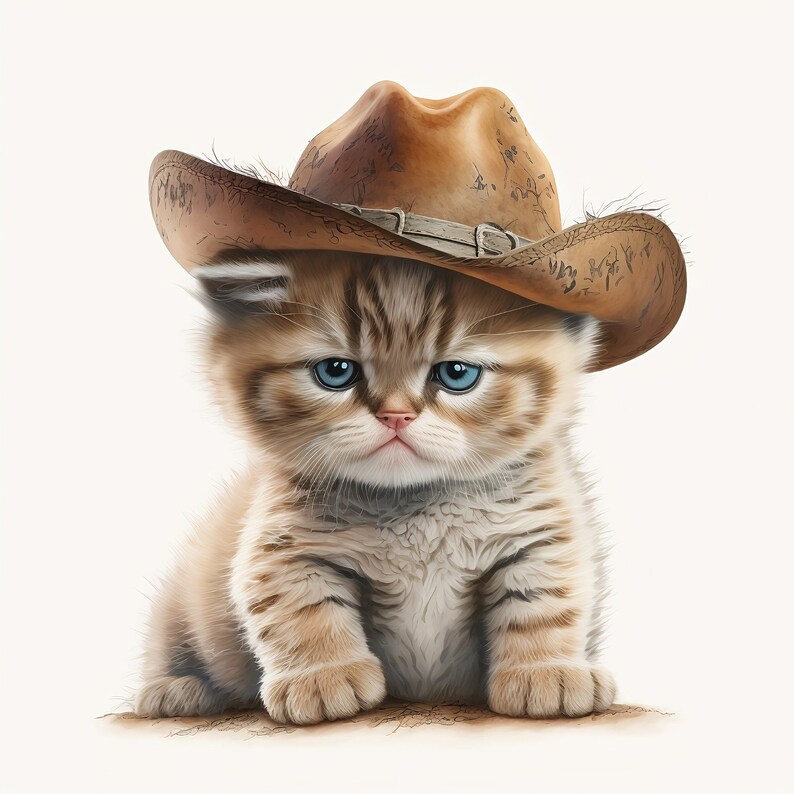 Puede incluir: Un gatito tabby marr&oacute;n y atigrado con un sombrero de vaquero marr&oacute;n con una banda de cuero desgastada. El gatito tiene ojos azules y una expresi&oacute;n seria.