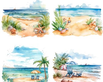 Watercolor Beach with Sea Digital Clipart, Beach Printable Wall art, Beach Sublimation PNG, Digital Download