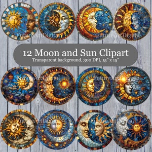 Pode incluir: Doze imagens de clipart digitais de um sol e uma lua em estilo mosaico. As imagens são circulares e têm um esquema de cores azul, dourado e branco. As imagens estão sobre um fundo de madeira. 12 Moon and Sun Clipart. Fundo transparente, 300 DPI, 15" x 15"