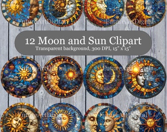 Sun and Moon Stained Glass Sublimation Designs, Stained Glass Pattern, Stained Glass PNG, Faux Stained Glass, Digital Download