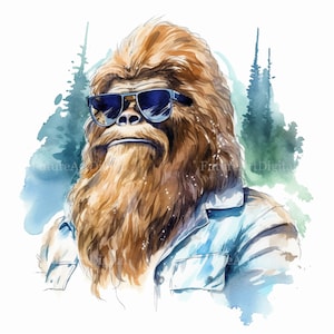 Watercolor Bigfoot Wearing Sunglasses Sublimation PNG. Bigfoot