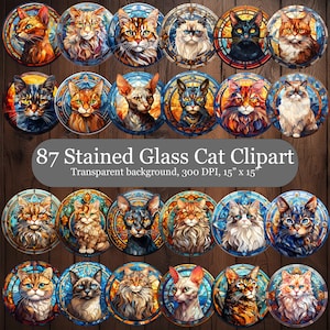 87 Vitrail Chat Clipart numérique, Race de chat Rond Vitrail PNG, Vitraux Chats Sublimation Clipart Bundle