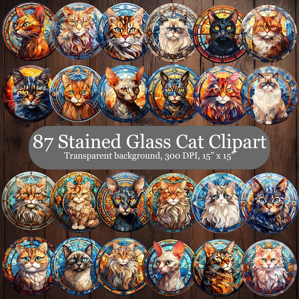 87 Stained Glass Cat Digital Clipart, Cat Breed Round Stained Glass PNG, Stained Glass Cats Sublimation Clipart Bundle