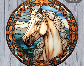 Set von 4 Glasmalerei-Pferd Digital Art, Glasmalerei-Pferd druckbare Wanddekor, Pferd Digital Clipart