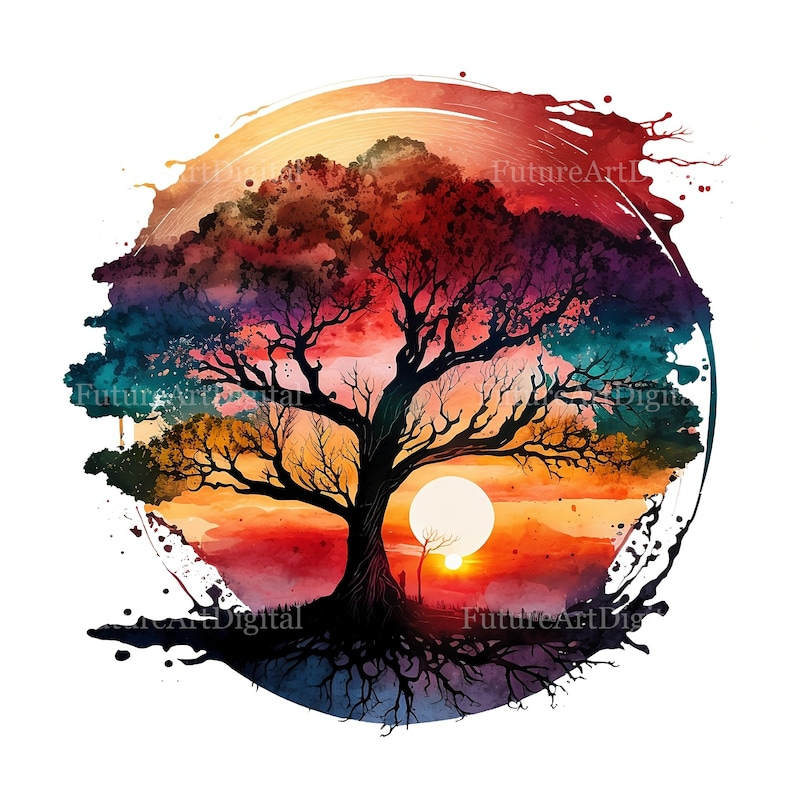 Watercolor Tree of Life with Sunset Sublimation PNG, Tree of Life Printable Wall art, Tree of Life Digital Clipart image 3